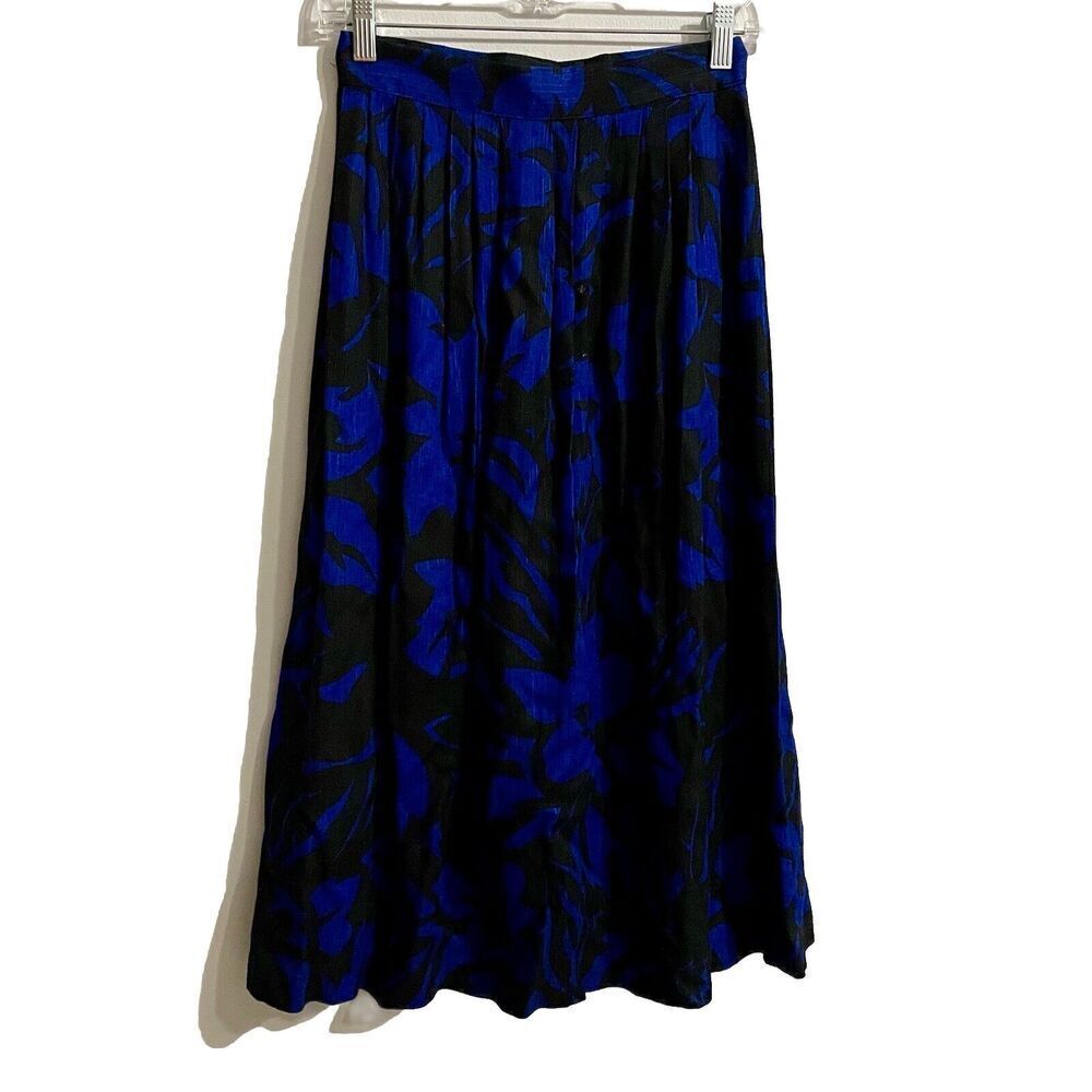 Vintage Ilyza New York Floral Print Skirt Sz 5/6 Black Blue Pleated 80s Preppy …